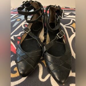 Frye Black Leather Zipper Buckle Flats